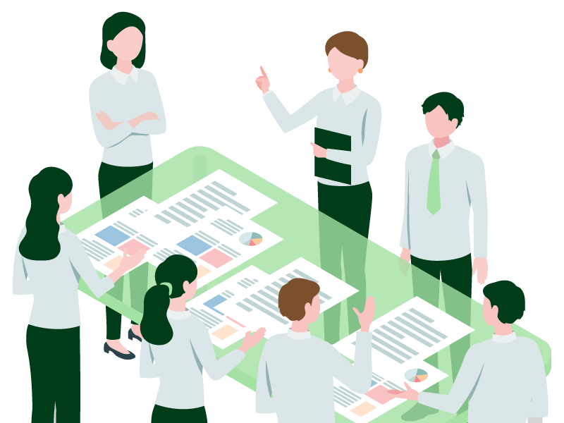 チームでミーティングを行っている様子。